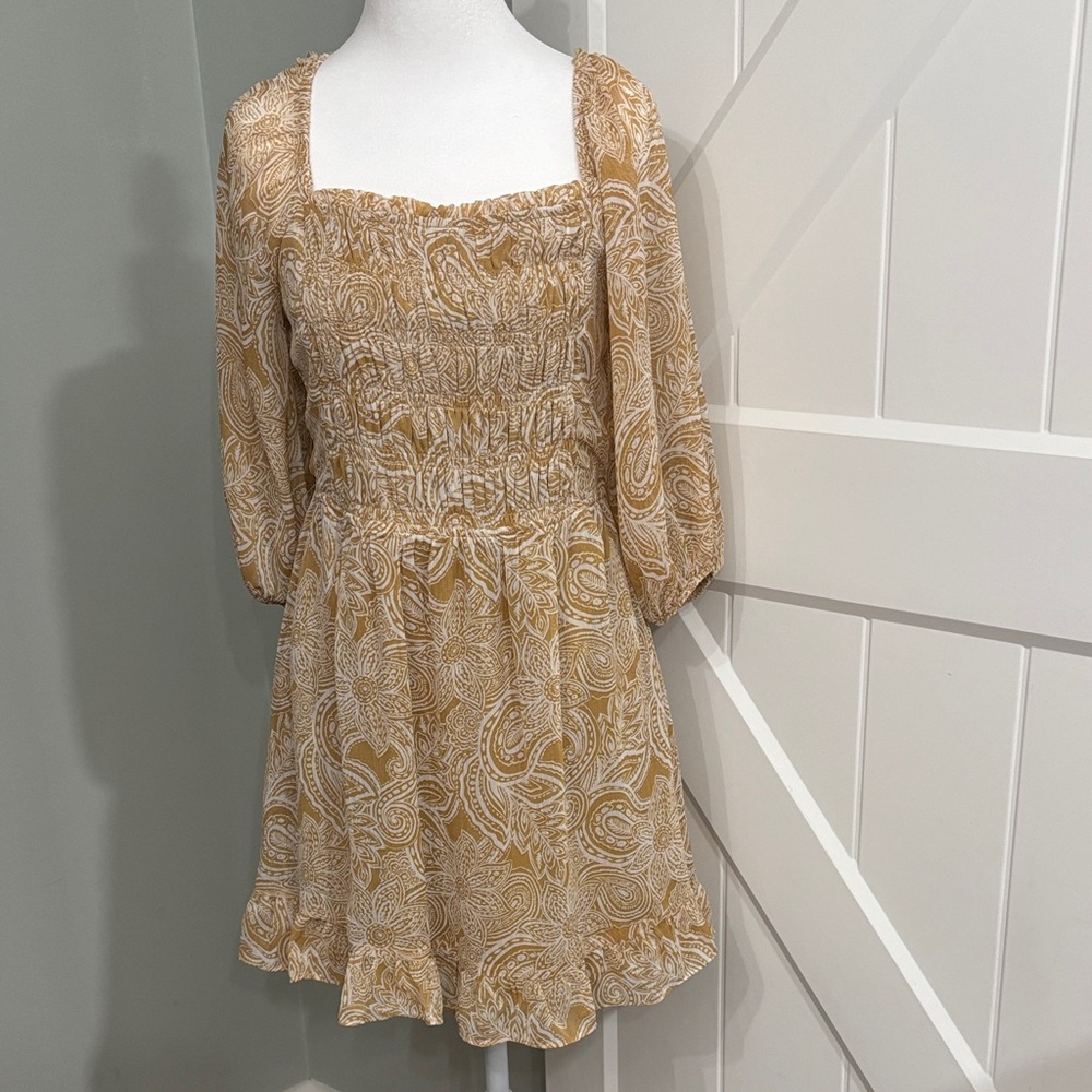 Sienna Sky‎ Yellow Paisley Smocked Square Neck 3/4 Sleeve Mini Dress Size M